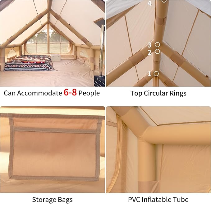Inflatable Camping Tent with Hand Pump Waterproof Outdoor Blow up Tent 2-8 Person Oxford 4 Season Glamping Air Tent Cabin House with Mesh Windows & Door