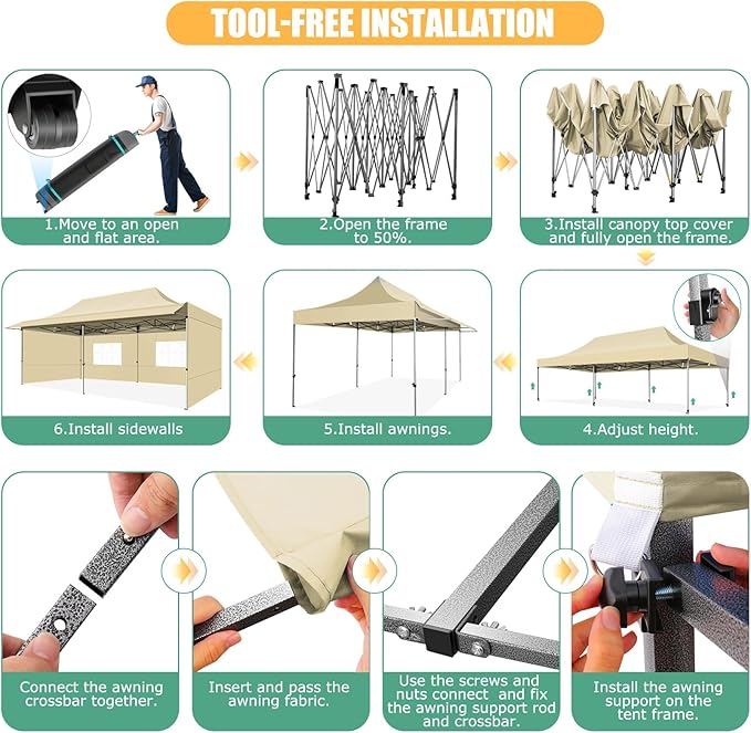 COBIZI 10x20 Pop Up Canopy Tent with Awning,Heavy Duty Canopy UPF 50+ All Season Wind Waterproof Commercial Outdoor Street Vendors Party Tents for Parties Canopy with Roller Bag(10 x 20 ft Khaki)