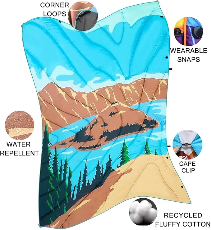 Camping Blanket, Puffy Waterproof Travel Blanket, Warm Cozy Picnic Blanket, for Outdoors, Travel, and Mountain.(Lake, 78" x 56")