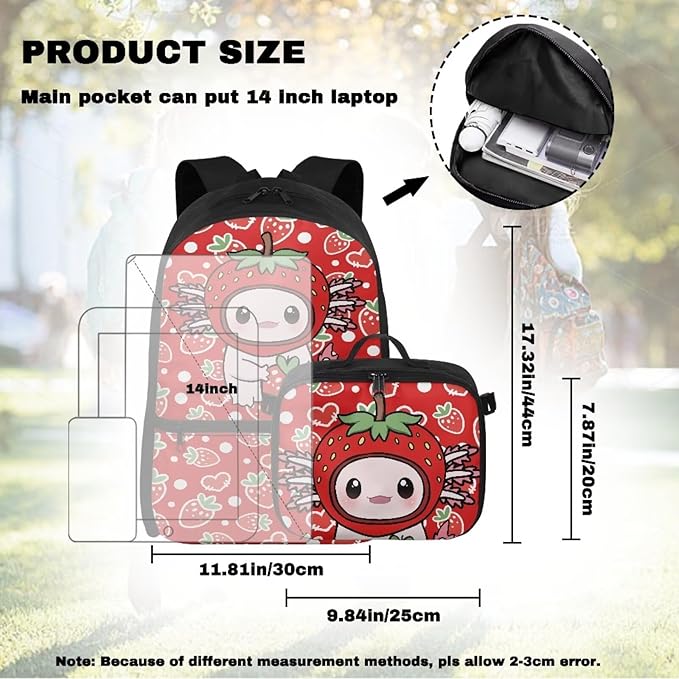 HUGS IDEA Strawberry Axolotl Backpacks for Girls Cute Kids Backpack with Lunch Box Cute Preschool School Bookbag for Kids 3-5 Large 17 Inch Schoolbag Lightweight Girls Book Bags Set