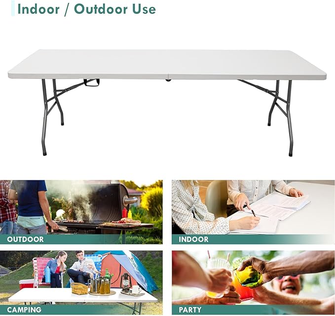 AJP Distributors 8 Foot Portable Plastic Folding Table 8FT 96" Half Foldable Heavy Duty Top w/Carry Handle - Indoor Outdoor Backyard Camping Picnic BBQ Party Wedding Dining Office Event Meeting White