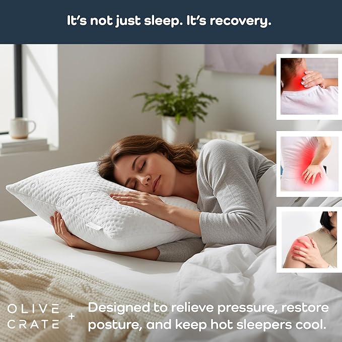 Olive + Crate BreathePure® Adjustable Loft Shredded Memory Foam Pillow - Queen Size - Cooling Pillow, Hypoallergenic Bed Pillows, CertiPUR-US Certified Foam, Ideal for Back, Stomach and Side Sleeper