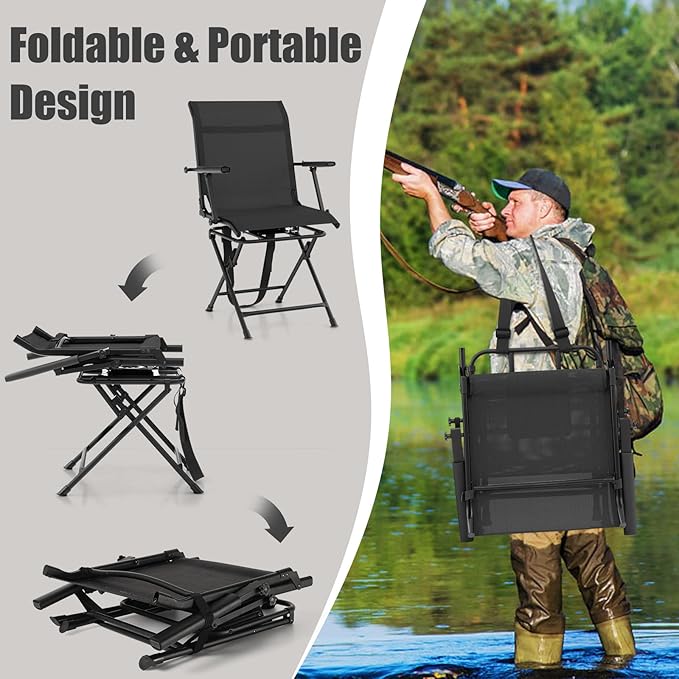 LDAILY Moccha Hunting Chair, 360° Swivel Blind Chair w/Armrest & Mesh Back, Non-Slipping Pads, Sturdy Metal Frame, 330LBS Capacity, Portable and Silent Folding Hunting Chairs for Blinds (Black)