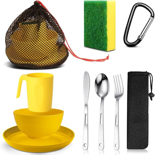 Scout Camping Mess Kit for 1 Person Boy Scout Dishes Set Girl Scout Mess Kit with Mesh Bag Reusable Light Weight Eating Utensils Plastic Camping Cutlery Set for Travel Camp