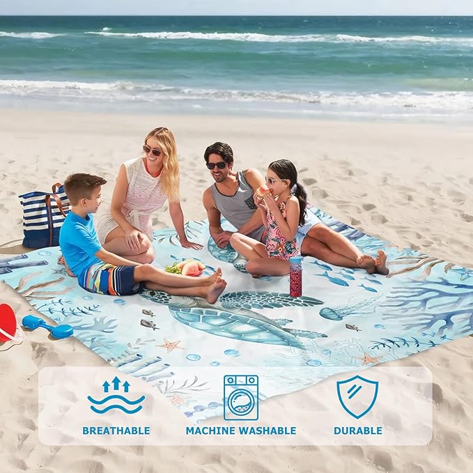 Beach Blanket Waterproof Sandproof, Sea Turtle Oversized Extra Large Picnic Mat 83"×95"/8 × 7 FT for 1-7 Adults for Travel Camping Hiking, Quick Drying Lightweight Beach Vacation Essentials