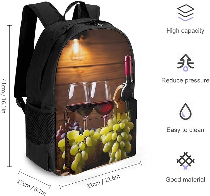 Adults Lightweight White Red Wine Glasses Grapes Wooden Shoulder Book Bags Big Capacity Shoulder Bag With Adjustable Shoulder Straps for Trekking Work Walking Cycling