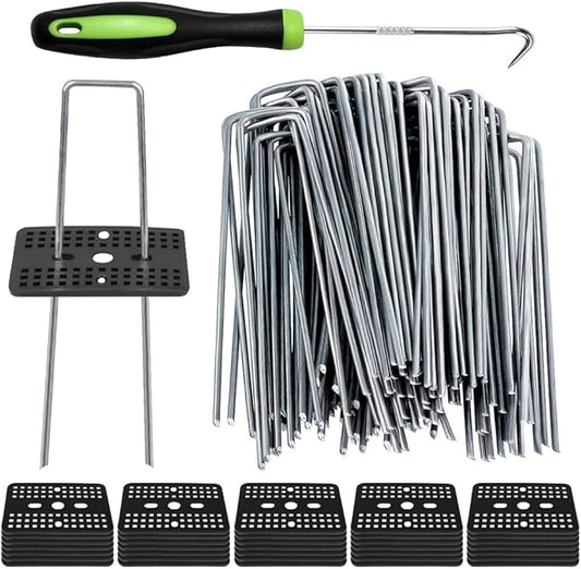 Bakulyor 100 Pcs Landscape Staples + 100 Pcs Gasket, 6 Inch Garden Stakes Staples 11 Gauge U Shaped Galvanized Lawn Landscape Pins, Heavy Duty Yard Ground Pin for Weed Barrier Sod Fabric Decorations