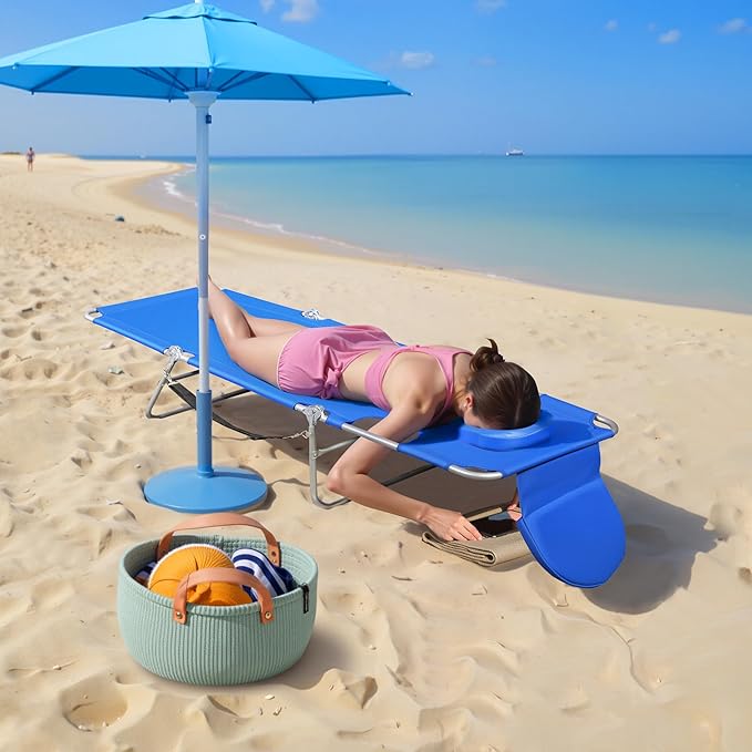 WLIVE Beach Lounge Chair for Adults, 4-Position Folding Tanning Chairs with Face Hole for Outside, 2 Legs Support Portable Outdoor Chair for Beach, Pool, Blue
