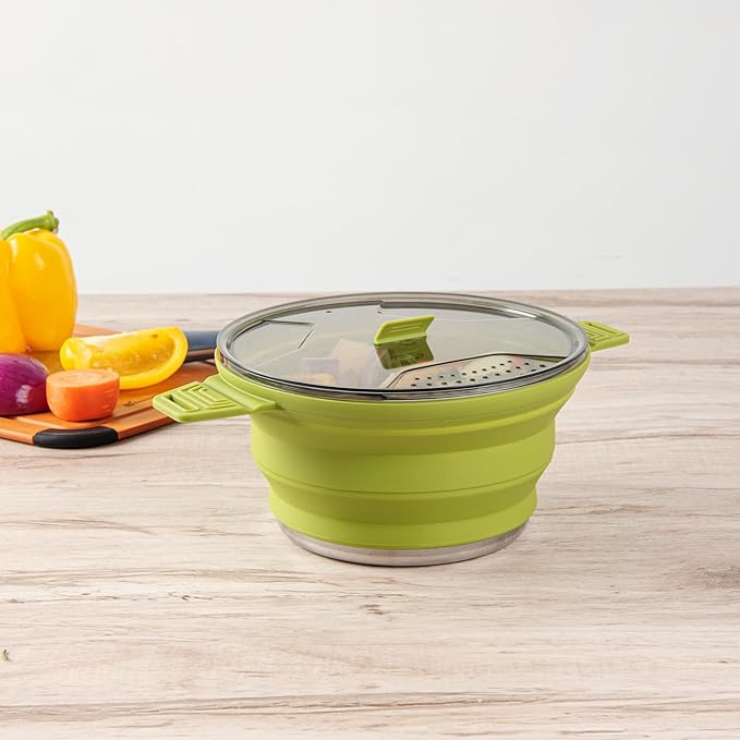 Restaurantware-Hi Tek 2.5 Liter Collapsible Camping Pot, 20 Portable Cook Pots - With Lid, Stainless Steel Bottom, Silicone Camping Cookware, For Travel Or Outdoor Hiking- Restaurantware
