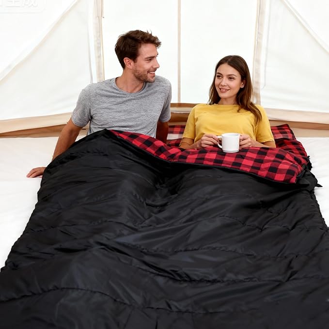 Double Sleeping Bag Cotton Flannel for Camping, Backpacking Or Hiking. Waterproof Queen Size Two Person Sleeping Bags for Adults Or Teens. Lightweight with Compression Sack