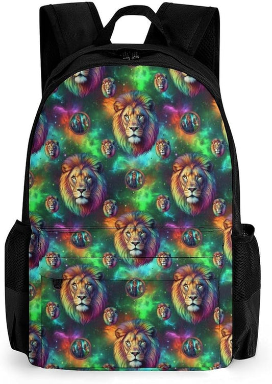 Backpack Polyester Anti-Theft Multipurpose Green Galaxy Lion Bookbag Large Capacity Laptop Book Bag Rucksack With Side Pockets