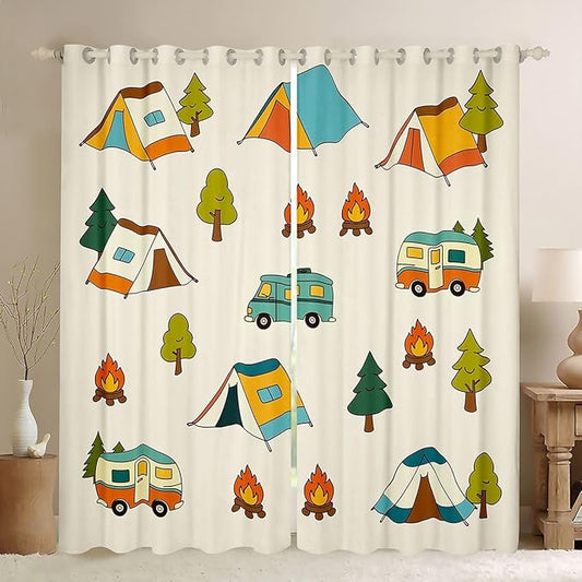 Erosebridal Camper Theme Window Drapes Happy Camping Blackout Curtains 52" Wx84 L Travel Car Rv Curtains for Bedroom Living Room,Camping Tent Campfire Forest Window Treatments 2 Panels