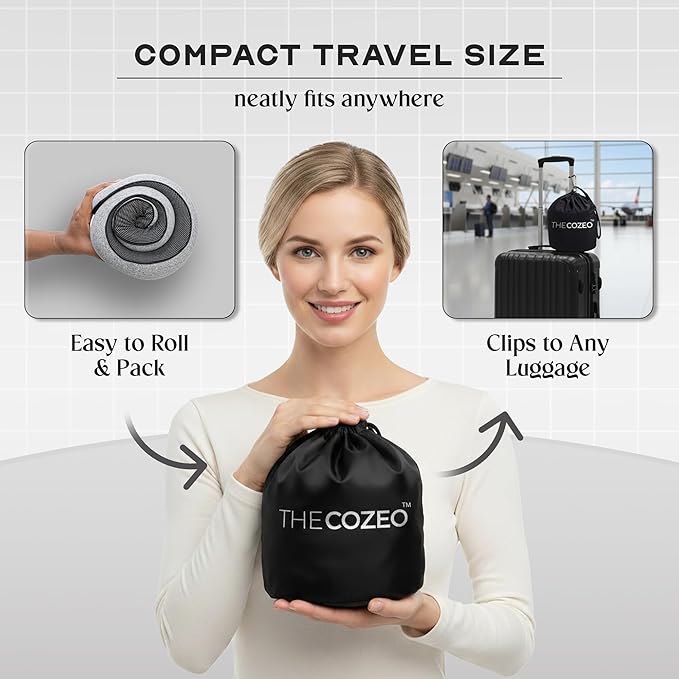 The Cozeo™ Travel Neck Pillow, 100% Pure Memory Foam Airplane Neck Pillow with Eye Mask & Earplug, Ideal for Long Flight, Car Road Trip Essentials & Sleeping | Comfortable & Suitable for Adults & Kids