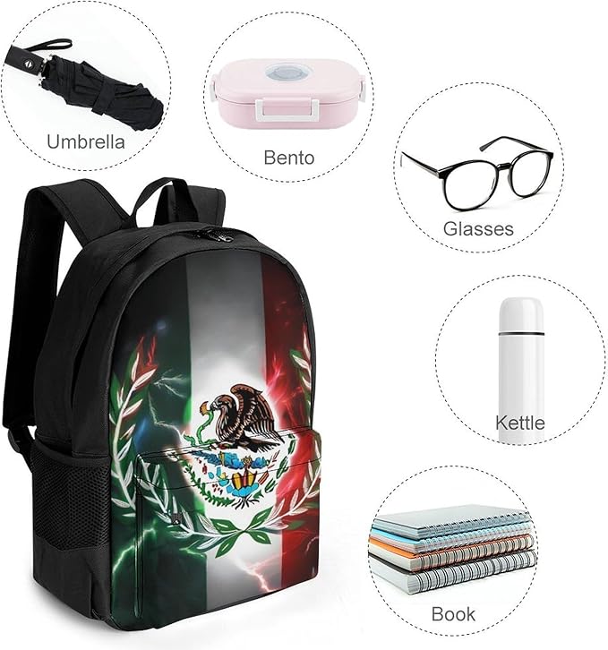 Men Women Polyester Cool Lightnings Eagle Mexico Flag Daypack Big Capacity Shoulder Bag With Smooth Zippers for Hiking Work Walking Cycling