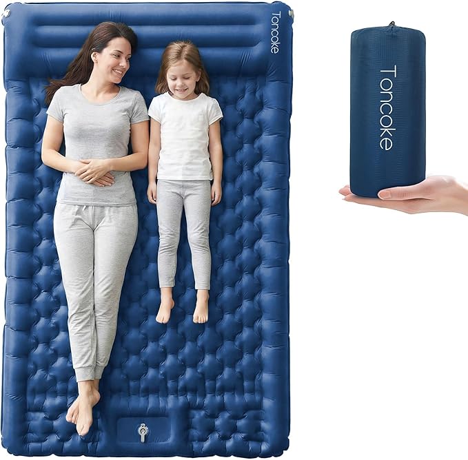 5.1" Thick Double Sleeping Pad with Foot Pump & Pillow, 77.5x53.9 2-Person Air Mattress for Camping, Ultralight & Compact for Backpacking, Hiking, Car Travel Navy Blue