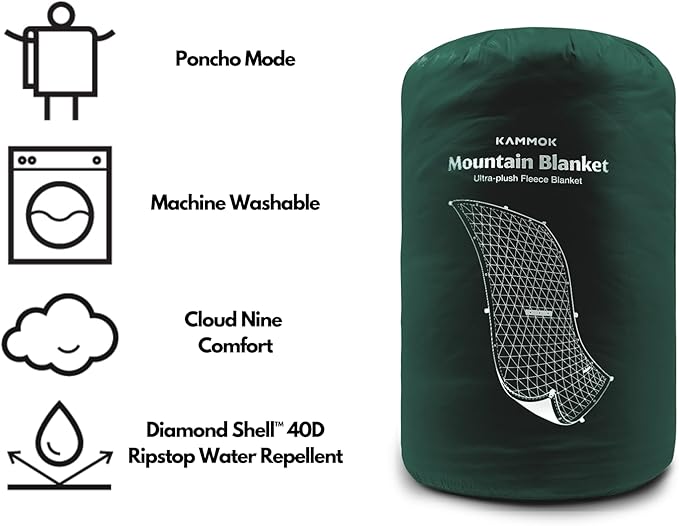 KAMMOK Mountain Blanket - Ultra-Plush Fleece, Water Resistant, Portable, Durable, Indoor/Outdoor Camp Blanket (84 in × 50 in) - Pine Green