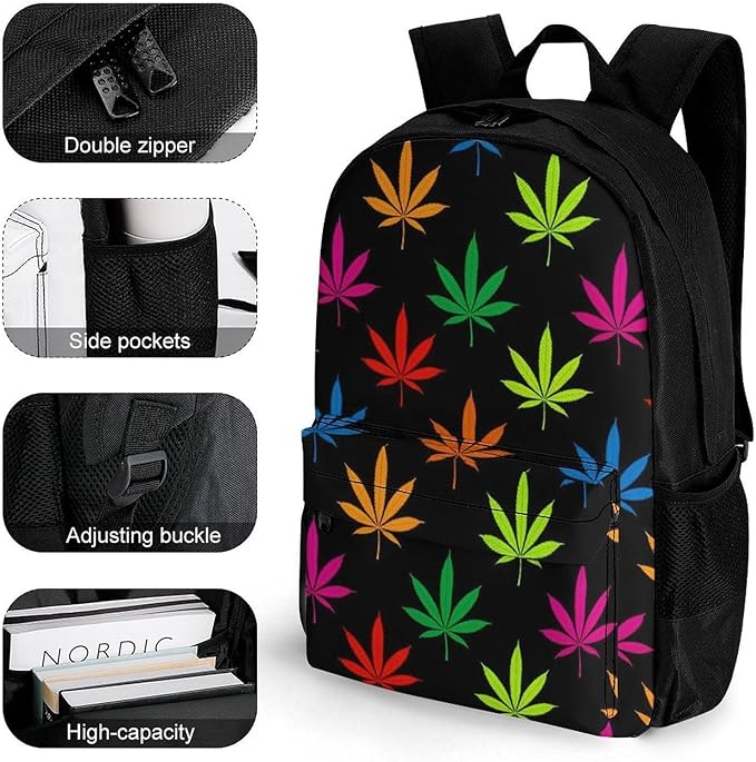 Daypack Lightweight Multipurpose Anti-Theft Colorful Weedleaf Shoulder Bag Large Capacity Laptop Book Bag Rucksack With Adjustable Shoulder Straps