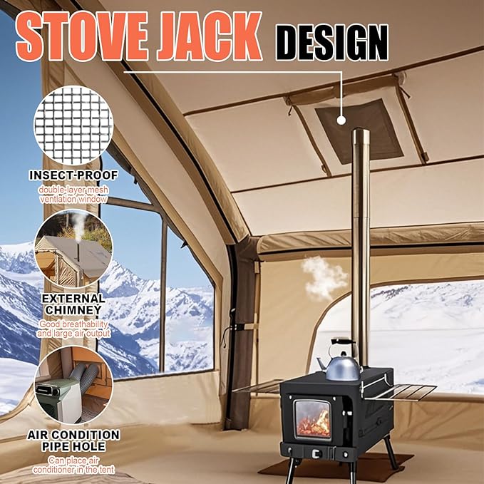 Inflatable Tent, Outdoor Easy Setup Inflatable Tents for Camping, Portable Blow Up Tent with Stove Jack, Cotton Canvas Material for Glamping, for 4 Season, 4/6/8/10 Person Use