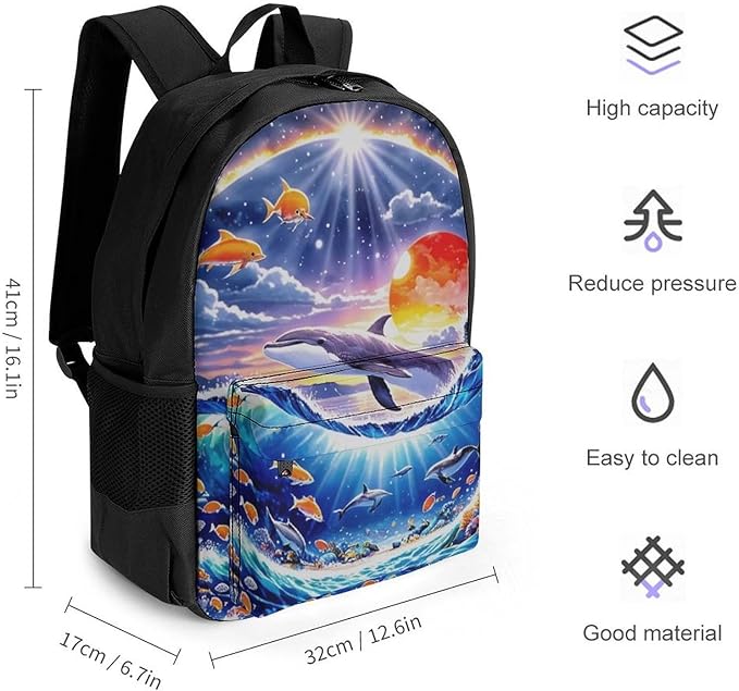 Rucksacks Lightweight Multipurpose Anti-Theft Dolphin Underwater World Rainbow Shoulder Bag Big Capacity Traveling Camping Backpack With Side Pockets