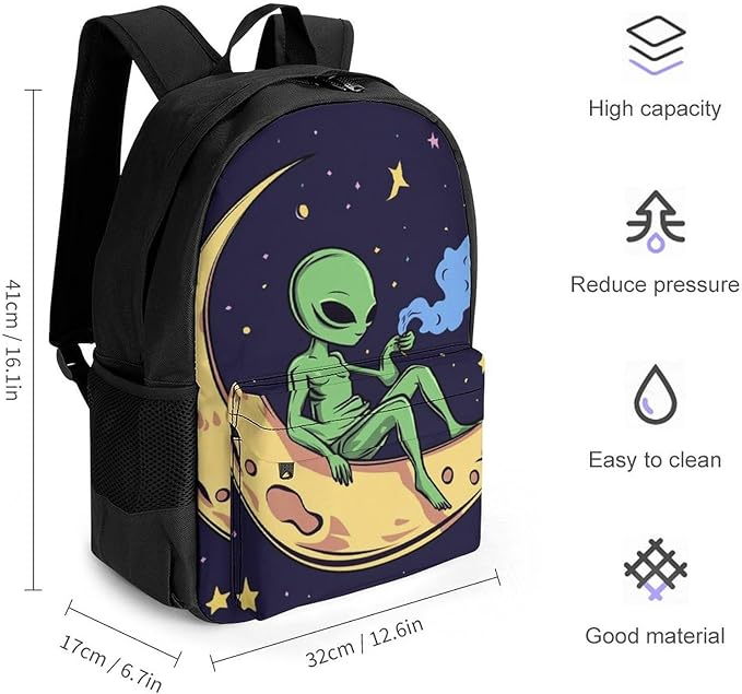 Supdreamc Polyester Daypack Backpack for Sports Travel Running, Big Capacity Anti-Theft Multipurpose Carry On Bag, Funny Alien Moon Sky Laptop Book Bag Rucksack