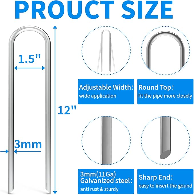 MySit 25 Pack 12 Inch Garden Stakes Heavy Duty 11 Gauge Galvanized Yard Staples U Pegs Fences Drip Irrigation Securing Stakes 1/2-Inch to 1-5/8-Inch Loop Stake for Anchoring Lawn Drippers Soaker Hose