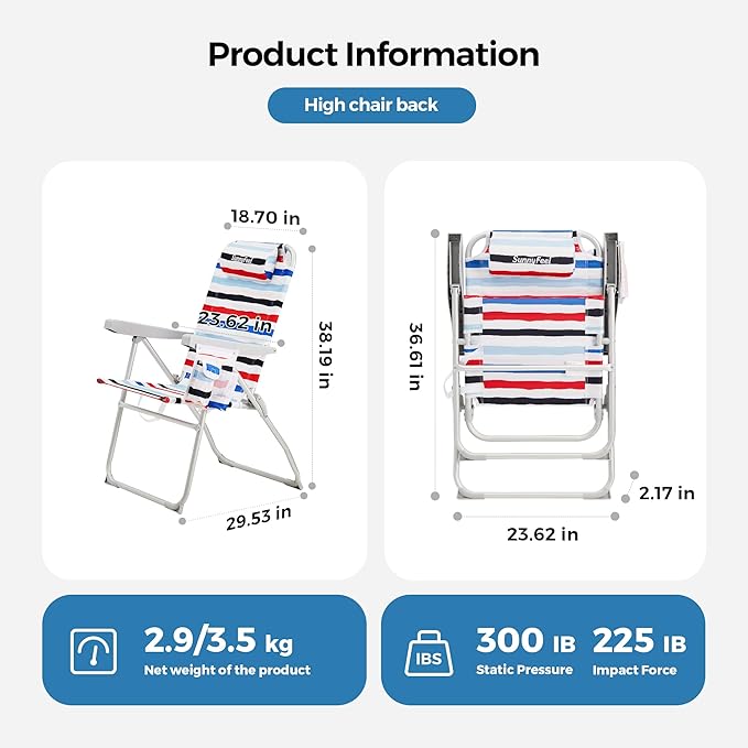 SUNNYFEEL Portable Beach Chair, High Back Folding Beach Chair, Lightweight Camp Chair with Reclining Position, Backpack Lounger for Beach, Camping, Lawn, Outdoor, Red Blue White Striped, 2 Pack