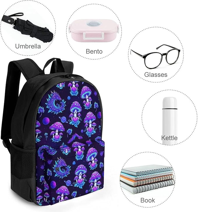 Men Women Lightweight Magic Mushrooms Dragon Backpack Large Capacity Carry On Bag With Padded Straps for Sports Work Walking Cycling