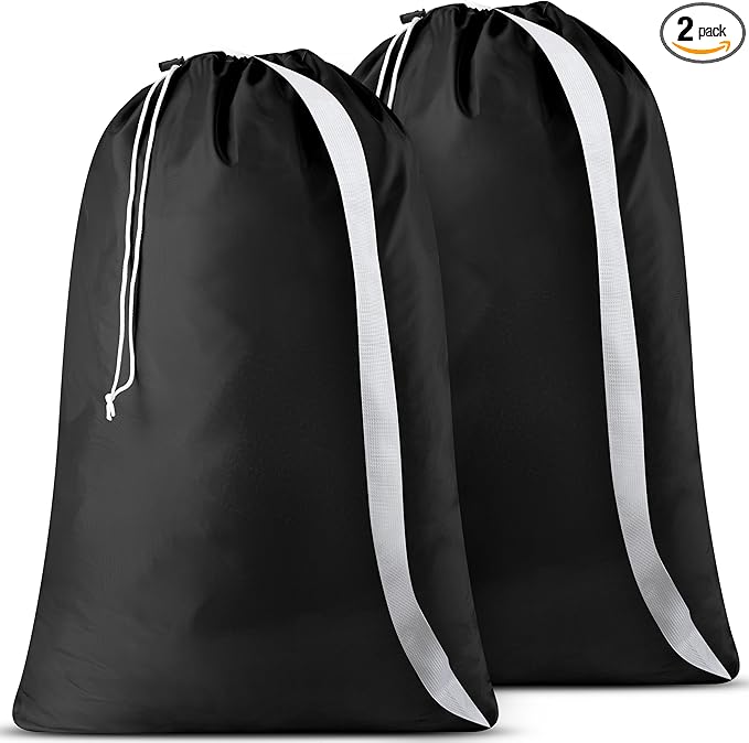 Handy Laundry Bag Shoulder Strap - Pack of 2 Drawstring Locking Closure, Durable Nylon Material, Large Capacity, Heavy Duty Stitching, Perfect for Laundromat or College Dorm (Black, 30" x 40")