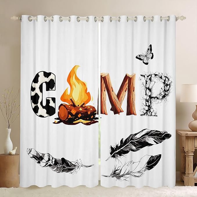 Erosebridal Camping Blackout Curtains for Bedroom Living Room Cow Fur Print Window Curtains 2 Panels 42" Wx63 L Campfire Adventure Drapes,Wood Rustic Farmhouse Window Treatments