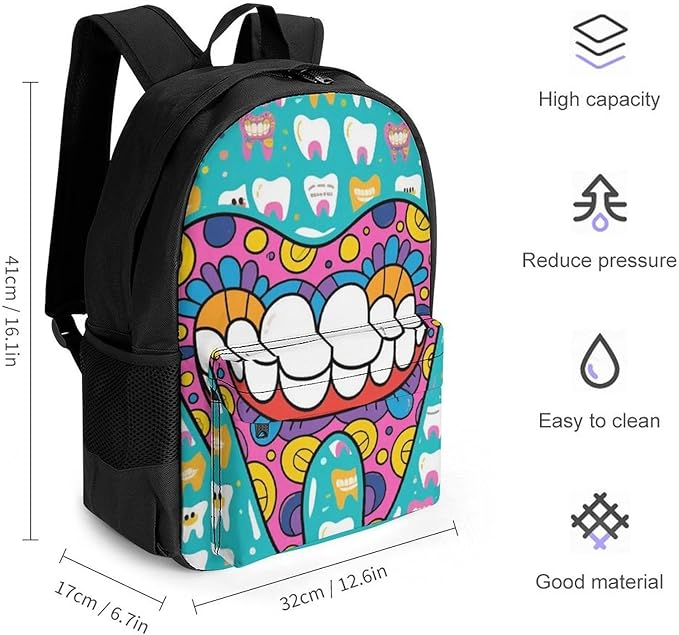 Daypack Bookbag Anti-Theft Multipurpose Large Capacity Bookbag, Funny Teeth Dental Art Travel Hiking Camping Rucksack With Adjustable Shoulder Straps