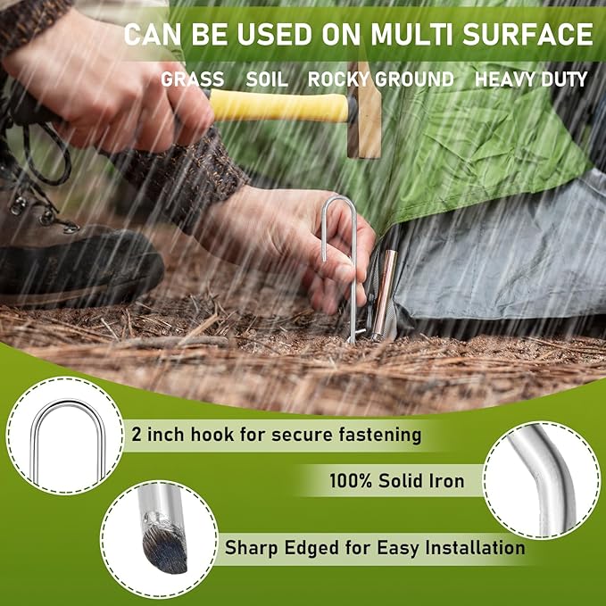 50 Pcs Kinked Ground Stakes 12 Inch Metal Garden Fence Edging Hook Heavy Duty J Shaped Galvanized Tent Fence Spikes for Dogs Digging Outdoor Awning Canopy Tarpaulin