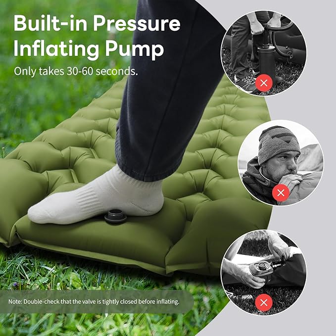 Camping Sleeping Pad with Pillow, Built-in Foot Pump Inflatable Sleeping Pad, Ultralight Air Mattress, Durable Waterproof Camping Pad for for Tent, Backpacking, Hiking