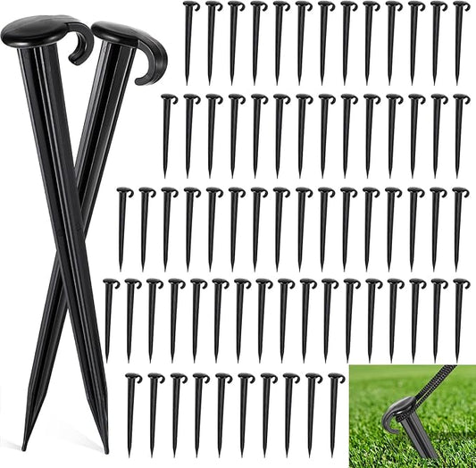 Vicenpal 100 Pcs 7 Inch Plastic Yard Stakes Inflatables Heavy Duty Plastic Garden Stakes for Tent Ground Replacement Outdoor Fence Lawn Pegs Landscape Staples Halloween Christmas Decorations (Black)