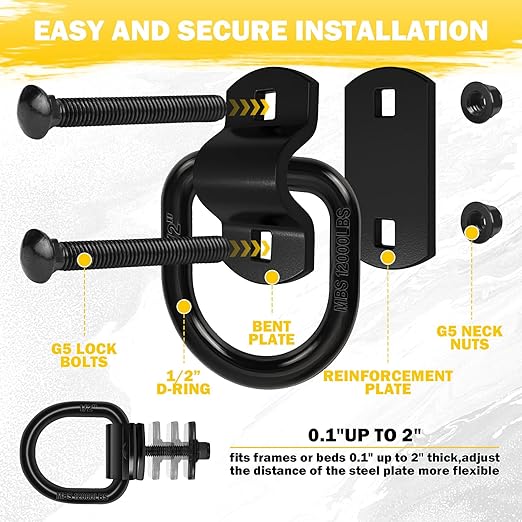 8-Pack 1/2-Inch Heavy Duty Bolt-On Forged D-Ring Shackles - 12,000Lbs Breaking Strength Truck Bed Anchors, Cargo Tie Down Hooks for Trailers, Trucks & Cargo Securement (Black)