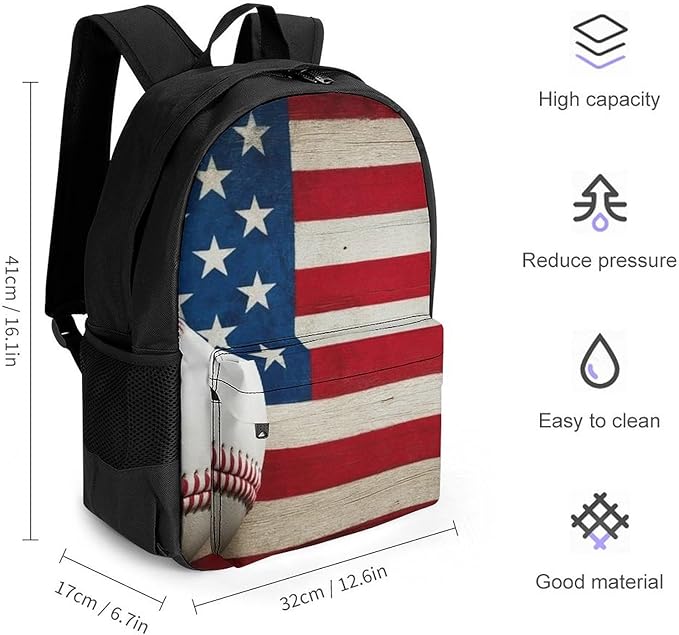 Polyester Daypack Backpack for Trekking Picnic Walking Cycling, Large Capacity Anti-Theft Multipurpose Shoulder Bag, Baseball Rustic Wooden American Flag Casual Daypack