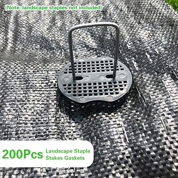 Bakulyor 200pcs Garden Staples Plastic Buffer Washer, Landscape Staple Stakes Gaskets, Yard Pins Gasket for Weed Barrier Fabric, They Keep The Barrier from Ripping & Create a Sturdier Hold - Black