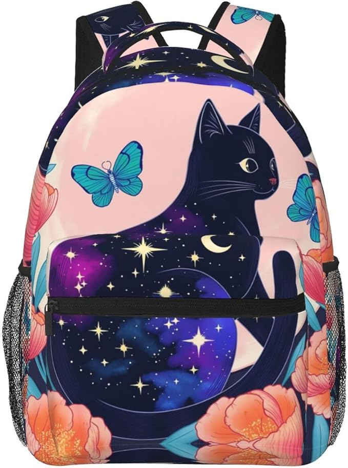 Polyester Daypack Backpack for Trekking Picnic Walking Cycling, Large Capacity Anti-Theft Multipurpose Shoulder Bag, Black Cat Flower Butterfly Starry Sky Dream Scene Art Casual Daypack