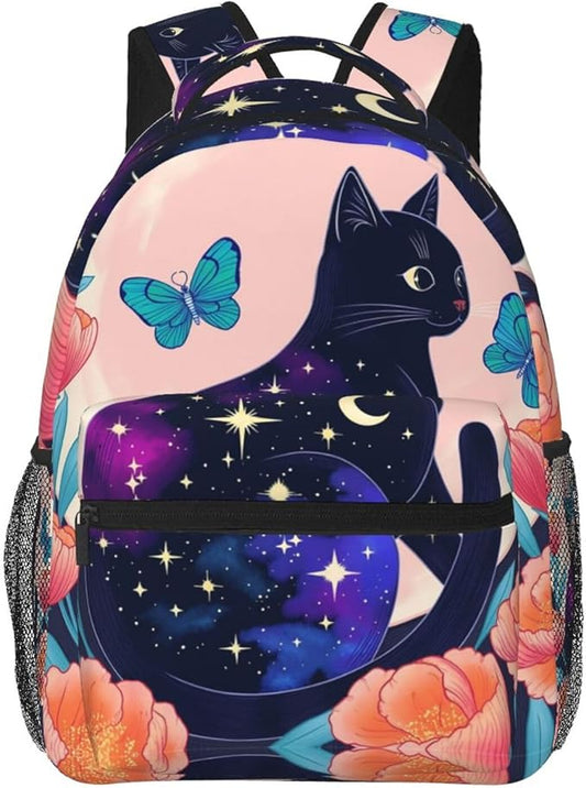 Polyester Daypack Backpack for Trekking Picnic Walking Cycling, Large Capacity Anti-Theft Multipurpose Shoulder Bag, Black Cat Flower Butterfly Starry Sky Dream Scene Art Casual Daypack
