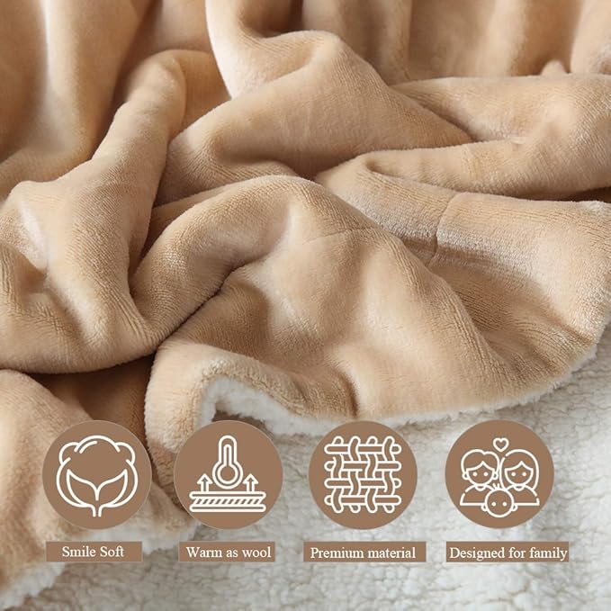 NANPIPER Bed Blanket Reversible Sherpa Flannel Blanket Super Soft Fuzzy Plush Fleece Microfiber (90"x90" Beige) Queen