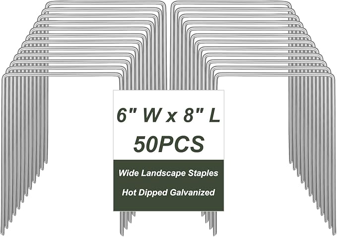 50 Pack Heavy Duty Wide Landscape Staples, 7 Gauge Galvanized Steel Turf Stakes Garden Stakes Bulk, U Type Anchor for Grass, Securing Weed Barrier Fabric, Pipes, Sod (8"x6")