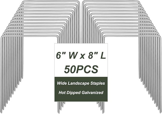 50 Pack Heavy Duty Wide Landscape Staples, 7 Gauge Galvanized Steel Turf Stakes Garden Stakes Bulk, U Type Anchor for Grass, Securing Weed Barrier Fabric, Pipes, Sod (8"x6")