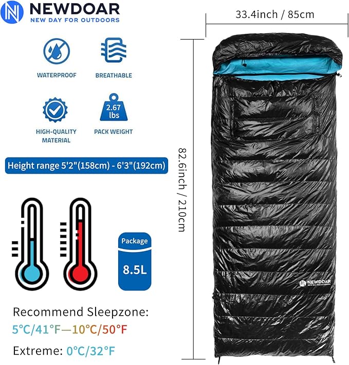 NewDoar Urltra-Light Camping Sleeping Bag 800FP Down Spring Summer Outdoor Autumn Mummy Sleeping Bag for Hiking Tent