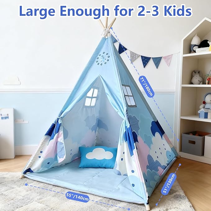 Pony Teepee Tent for Kids and Pets Blue Cloud Play Tent with Mat & Windows, Foldable Indoor Toddler Tent for Boys & Girls, Cute Pony Playhouse for Kids and Cat Cozy Hideout for Reading and Cat House