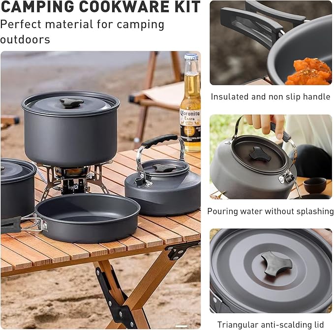 Camping Cookware Camping Cooking Set, Non-Stick Pots and Pans with Kettle, 2 Stainless Steel Plates, 2 Water Cups, 2 Sets of Knives and Forks, Spatula, Dish Towel, Backpack Storage Bag