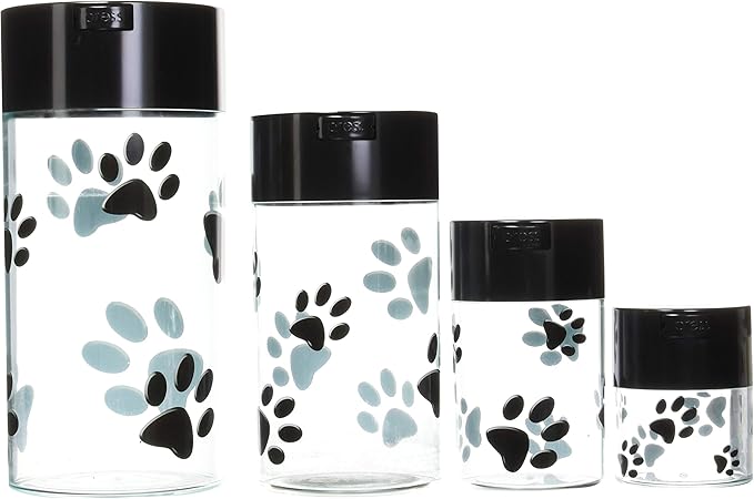 Tightpac America Tightvac Pawvacs Nested Sealed Pet Food and Snack Containers, Clear with Black Paws, Set of 4