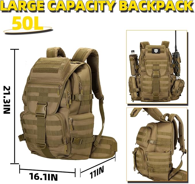 50L Military Tactical Backpack Hiking Waterproof Backpack Large Military Pack 3 Day Assault Pack Molle Bag Rucksack