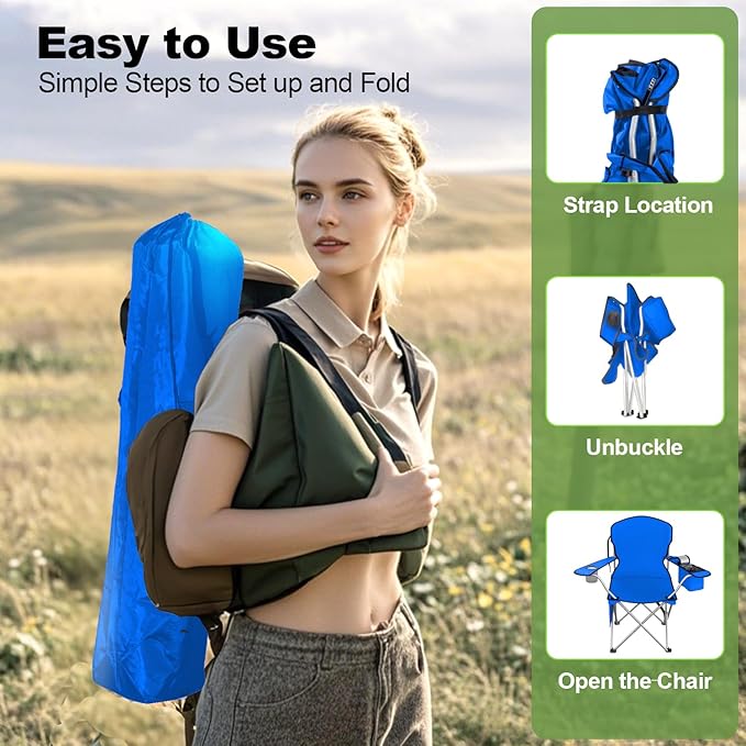 Folding Camping Chairs Durable 600D Oxford, Portable Outdoor Chair with Cooler Pouch, Cup Holder & Storage Pocket for Camping, Beach, Fishing