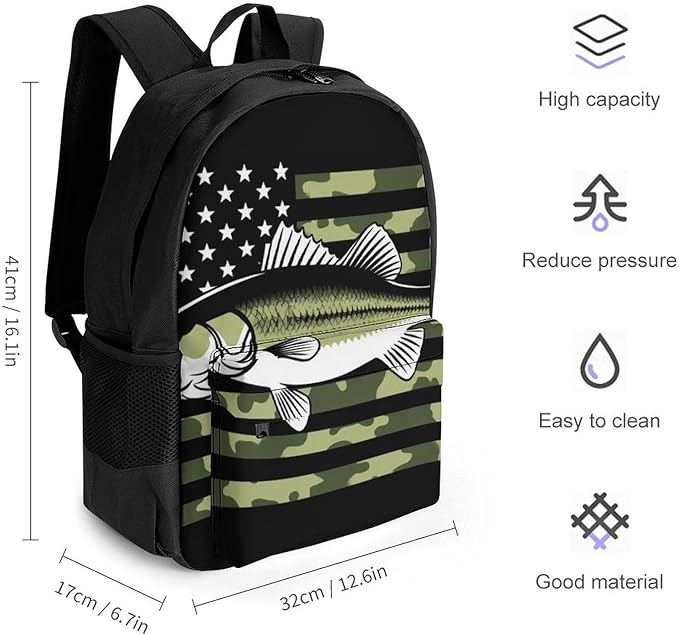 Men Women Lightweight Bass Fishing Hunting Camo Camouflage American Flag-4 Casual Daypack Big Capacity Bookbag With Padded Straps for Gym Travel Walking Cycling