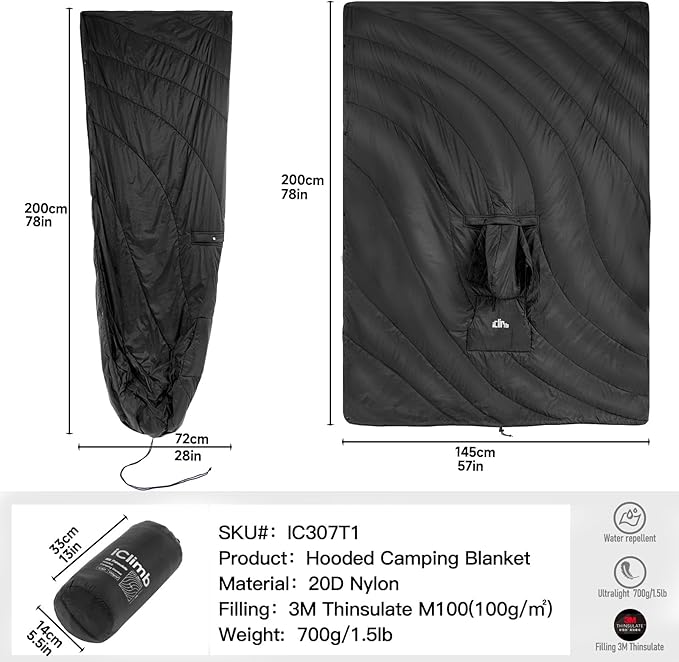 iClimb Hooded 3M Thinsulate Insulation Warm Camping Blanket Wearable Poncho Ultralight Compact