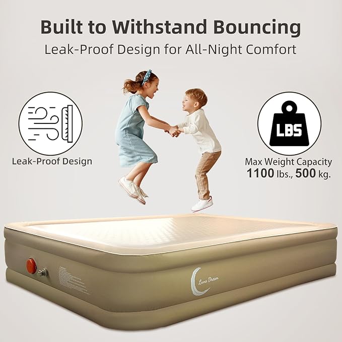 LunaDream Queen Air Mattress with USB Rechargeable Built-in Pump, Wireless Inflatable Airbed, FlexWeave Tech for 1100 lbs Ultra Firm Support, Portable for Home & Camping, Leak Proof Design, Carry Bag